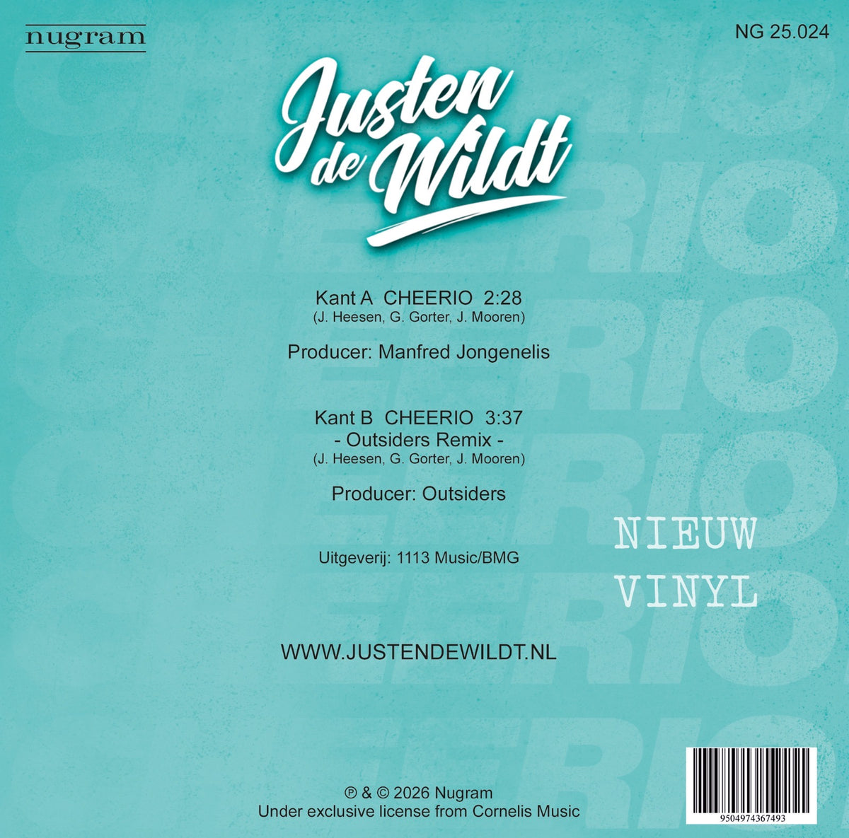 Justen de Wildt - A kant - Cheerio - B kant - Outsiders remix - zwart vinyl